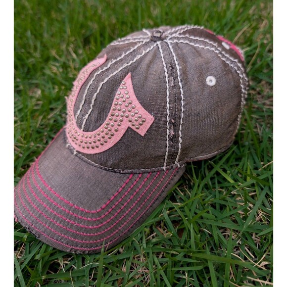 True Religion Distressed Hat Cap Linen Adjustable Pink Horseshoe Embroidered main image 6